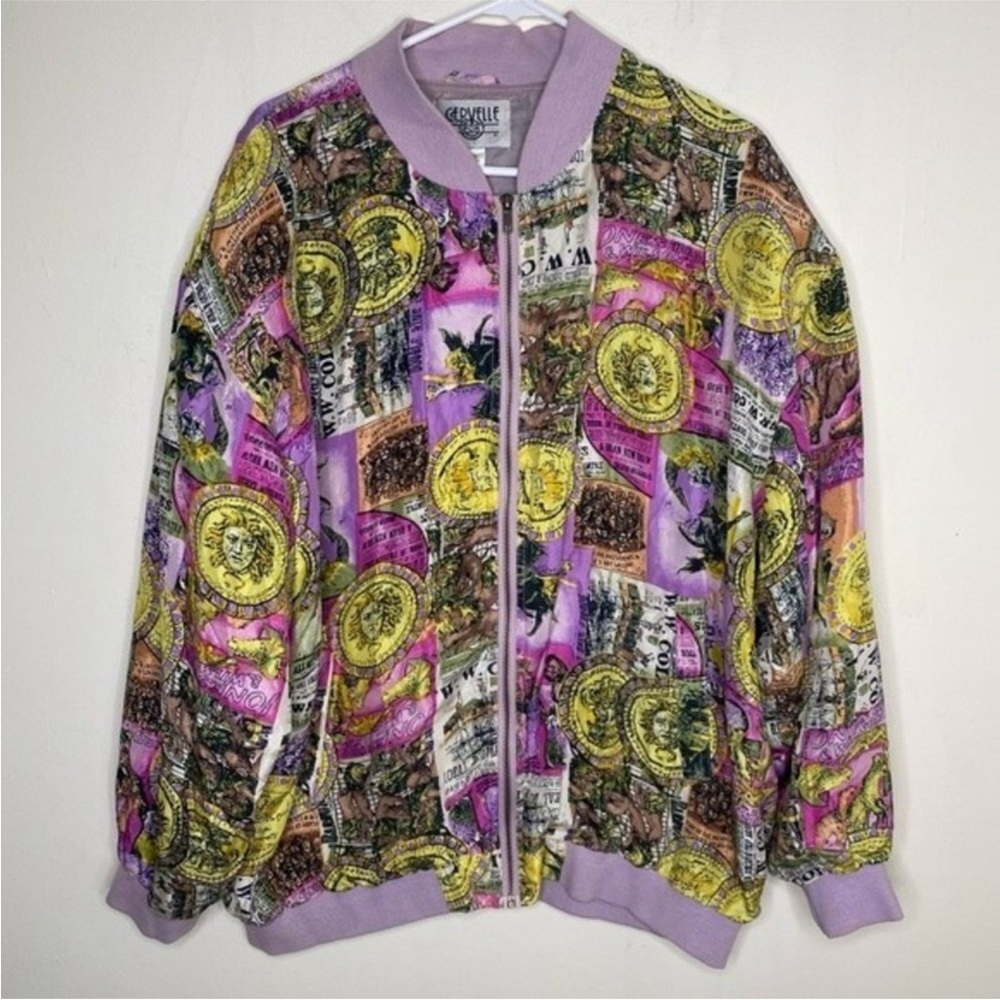 Vintage 90s Cervelle Sport Silk Rococo Patterned Colorful Bomber Jacket Size L
